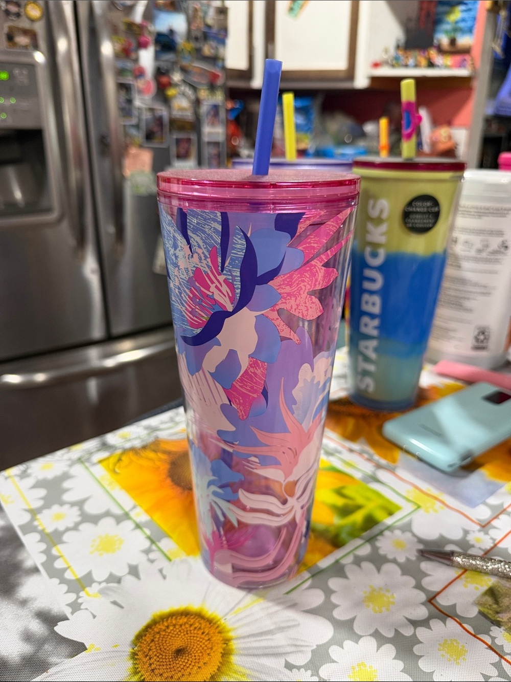Pink & Purple Floral Tumbler with Straw